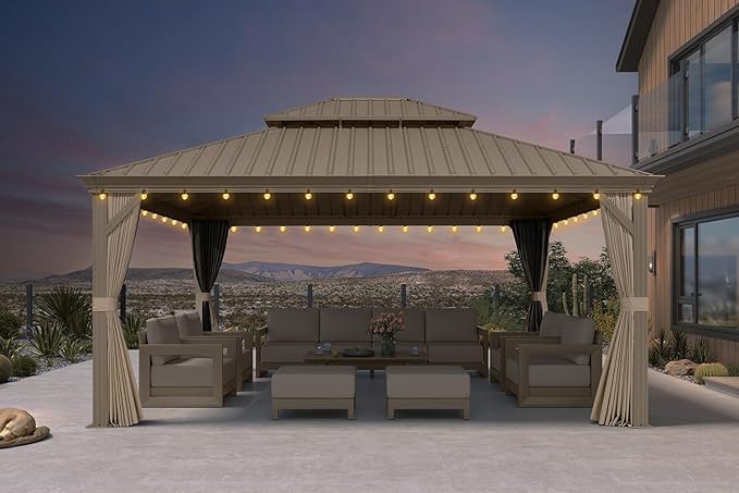 PURPLE LEAF Outdoor Gazebo 14'X16'，Champagne Hardtop Gazebo with Galvanized Steel Double Roof, Permanent Patio Gazebo with Curtains and Netting for Patio Lawn Garden and Deck