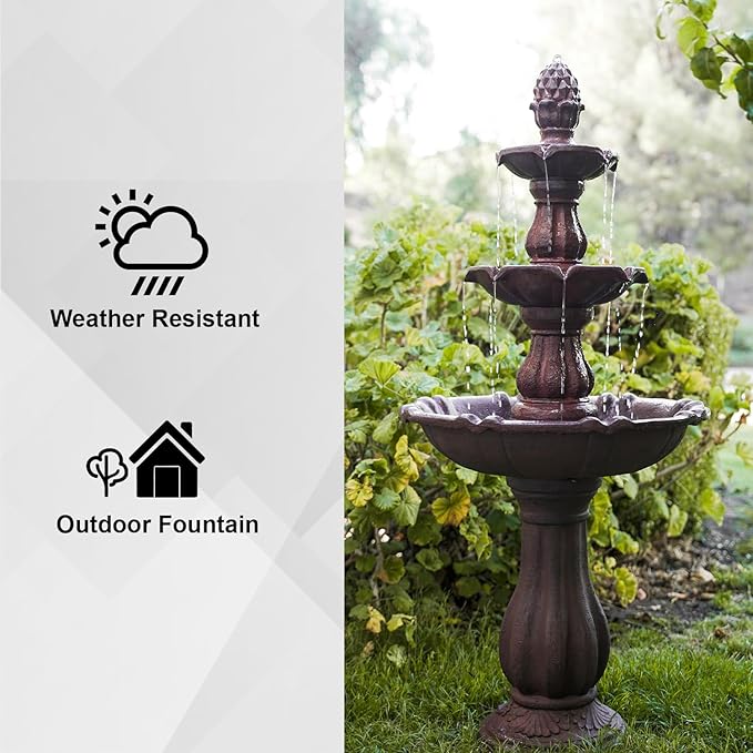 XBrand 3-Tier Water Fountain w/Pump & Pineapple Top, 51 Inch Tall, Brown, Large Outdoor Freestanding Waterfall Decor for Porch, Lawn and Garden