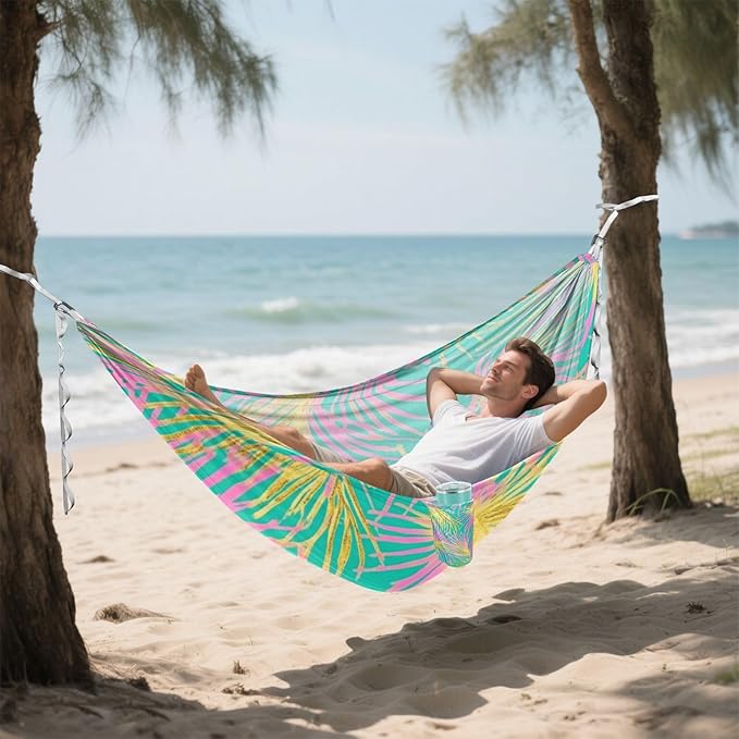 Tropical Palm Tree Pink and Gold Leaves 330lb Capacity Hammocks Fabric Hammock for Patio Backyard Lounge Base hamacas para adultos con soporte