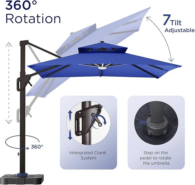 10' X 13' Patio Umbrella with Weighted Base and LED Lights Outdoor Cantilever Large Rectangle Offset Umbrellas Heavy Duty Aluminum Double Top with 360-degree Rotation for Pool Garden Deck, Navy