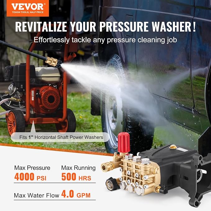 VEVOR Pressure Washer Pump, 1" Shaft Horizontal Triplex Plunger, 4000 PSI, 4.0GPM, Replacement Power Washer Pumps Kit with 5 Nozzles, Compatible with Simpson MorFlex 40224, 40225, 40226, Santoprene