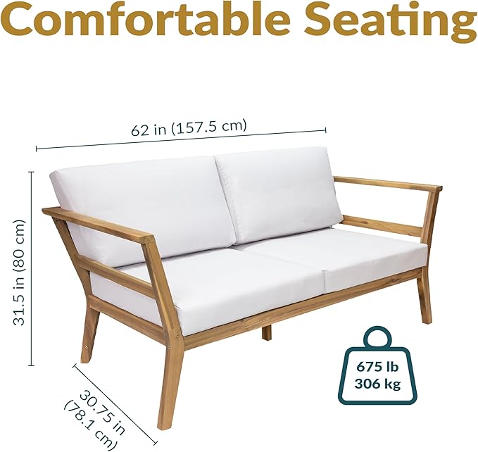 Sunnydaze 3-Piece Outdoor Patio Furniture Set - Bodie Acacia Wood Patio Conversation Set - Outdoor Seating with Cushions - Bone White