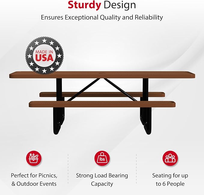 Leisure Craft Metal Picnic Table with Bench - 8 ft Rectangle Outdoor Dining Table with Umbrella Hole, Heavy Duty Thermoplastic Coating, ADA Compliant, Commercial Grade Furniture Made in USA - Brown