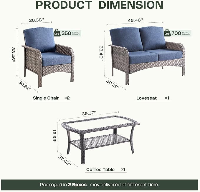 4-Piece Patio Furniture Set, Outdoor Wicker Furniture with Coffee Table, All Weather High Back Loveseat Patio Chairs, Modern Rattan Outdoor Chairs Conversation Set for Porch, Garden,Denim Blue