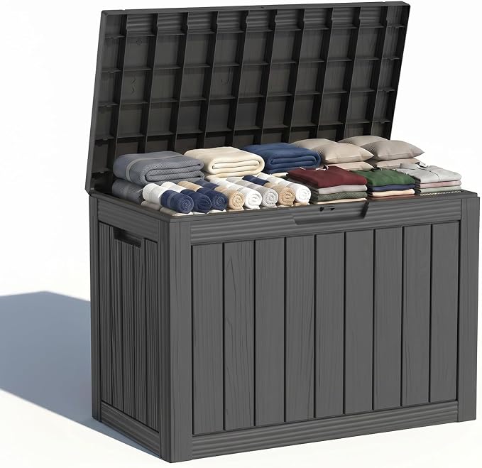 Waterproof Outdoor Storage Box Outside Deck Box Lockable Resin Bench UV Resistant Furniture Cushion Pool Tool Float Bin Patio Garden Porch (Black, 50 Gallon)