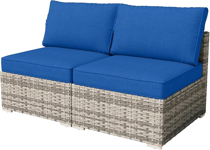 Weaxty 2 Pieces Patio Furniture Sets Middle Seats, Wicker Outdoor Sectional Sofa with Thicken Cushion, Patio Conversation Couch Set for Porch, Balcony,Yard, Poolside, Navy Blue