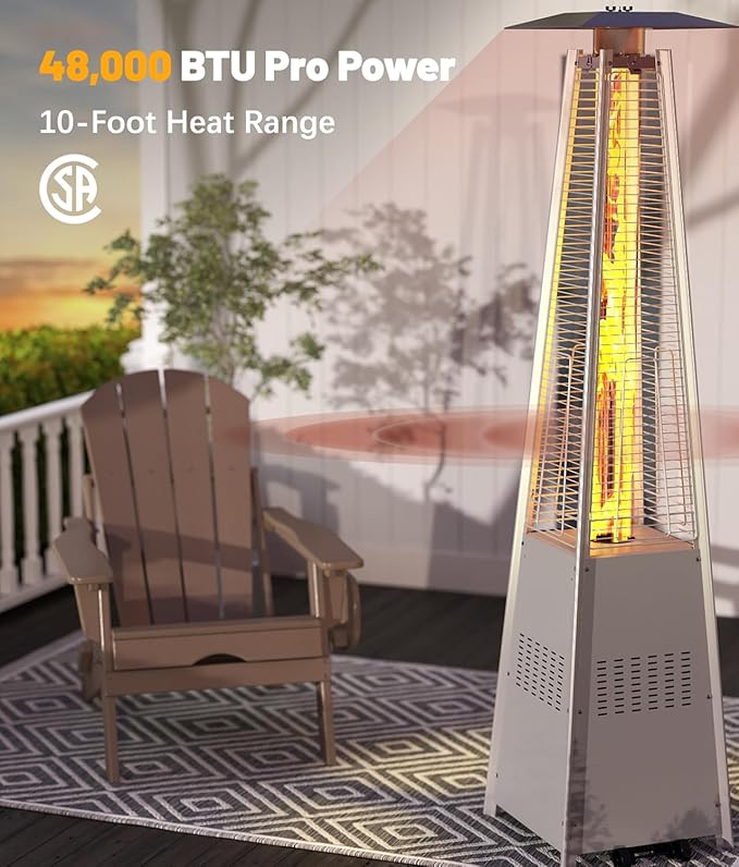 NAVINE Pyramid Patio Heater,48,000 BTU Outdoor Propane Patio Heater with Detachable Wheels and Protective Cover for Terrace, Garden,Poolside.Grey