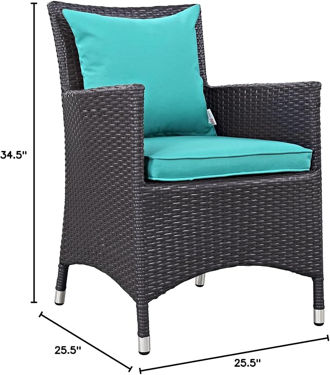 Modway Convene Wicker Rattan Outdoor Patio Dining Armchairs With Cushions in Espresso Turquoise - Set of 4