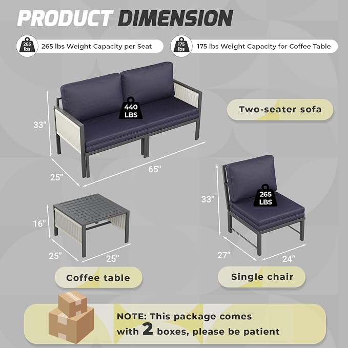 U-MAX Aluminum Patio Furniture Set 4 Seats Outdoor Sectional Couch with Coffee Central Table Patio Conversation Sets for Porch Deck (Dark Blue, with Retractable Sofa Couch and Single Sofa)