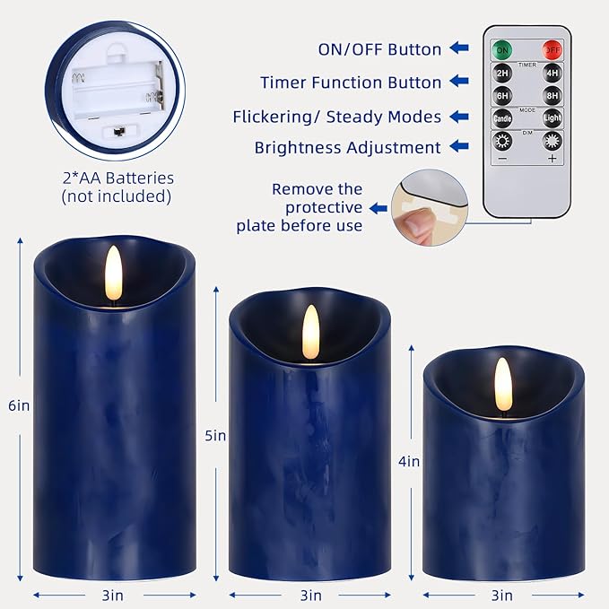 Navy Blue Flameless Candles with Remote Timer, Real Wax LED Candles Flickering, 3D Wick Fake Candles Candles Battery Operated for Home Living Room Wedding Party Gifts, Navy Blue Decor, Set of 3