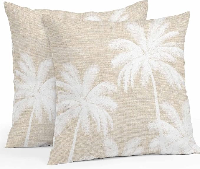 Outdoor Pillow Covers 24x24 Inch Set of 2, Beige Palm Trees Waterproof Throw Pillow Covers, Farmhouse Tropical Summer Beach Decorative Cushion Pillowcases for Couch, Sofa, Bed, Garden, Patio