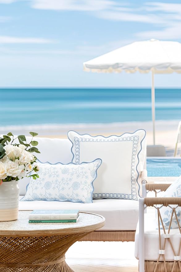 Hofdeco Premium Coastal Patio Indoor Outdoor Scalloped Lumbar Pillow Cover Only, 12"x20" Water Repellent for Backyard, Couch, Baby Blue Print Dahlia Floral