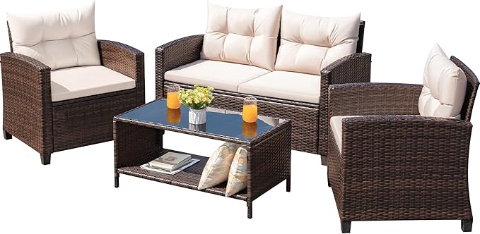 Greesum 4-Piece Patio Furniture Set, Outdoor Wicker Conversation Set, All-Weather Patio Sofa with Coffee Table and Cushions, for Garden, Deck, Porch, Backyard, Beige