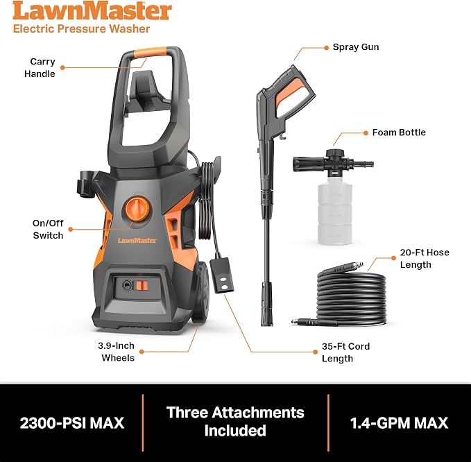 LawnMaster LT506-2000A Electric Pressure Washer 13 Amp 1.4 GPM 2300 Max PSI CSA Certified with Detergent Bottle