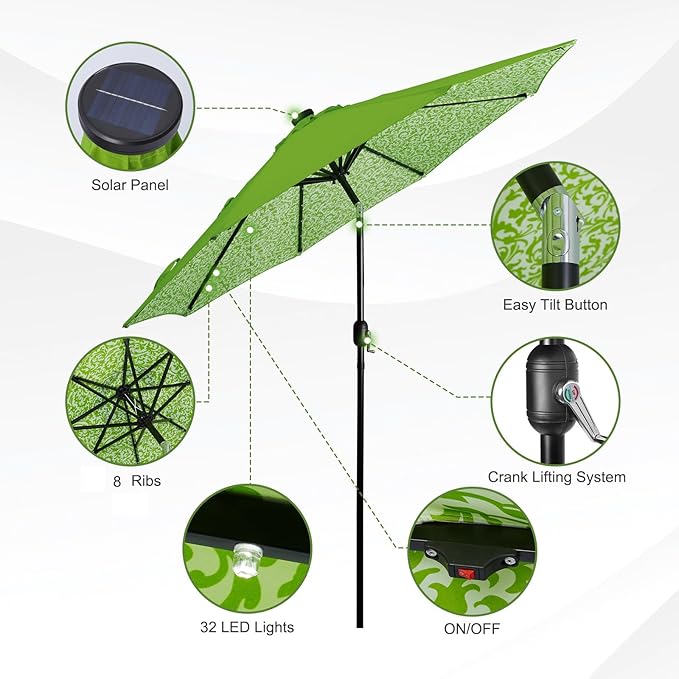 Backyard Expressions 9FT Solar Patio Umbrella with 32 LED Lights, UPF50+ UV Protection, Fade-Resistant Fabric, Easy Tilt & Crank, Outdoor Umbrella for Patio, Deck & Pool (Base Not Included)