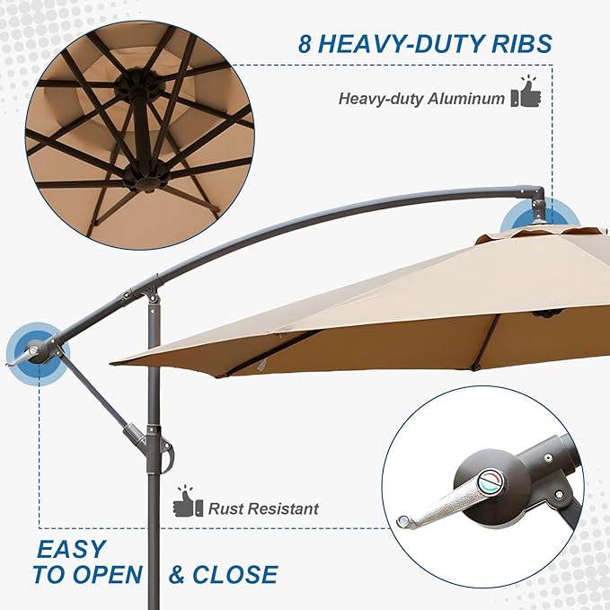 BPS 10ft Patio Umbrella with Base Included, Outdoor Offset Cantilever Umbrella with Easy Tilt Adjustment, UV-Blocking Polyester Shade, 8 Ribs for Backyard, Poolside, Lawn and Garden