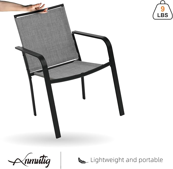 Outdoor Patio Dining Set of 5 with Gray Stacking Chairs,63" Rectangle Table | Stackable Chairs, Metal Rectangle Table, Slat Table Top, 4 or 6 Person Use, All Weather, Textilene fabric Seat and Back