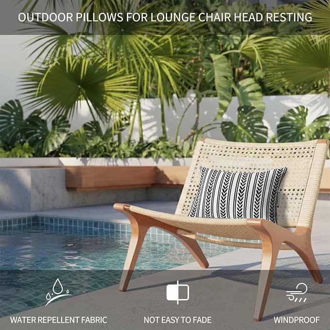 2PCS Outdoor Pillow for Chaise Lounge Chair Geometric White Black Leaves Stripe Waterproof Headrest Cushion with Insert Modern Ethnic Texture Lumbar Pillow for Beach Patio Poolside Office,11x16in