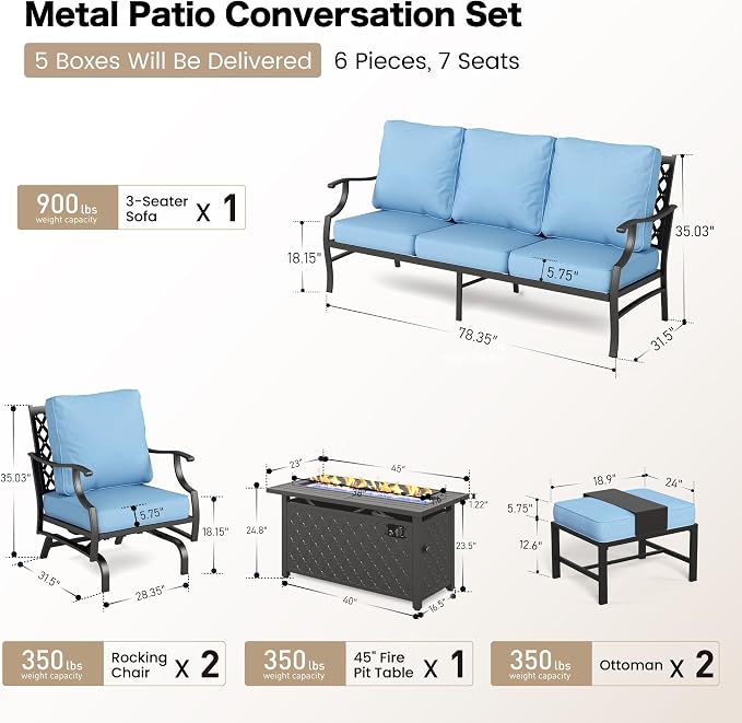SUNSHINE VALLEY 6 Pieces Metal Patio Furniture Set with Firepit Table, Patio Conversation Set with 5.75" Thick Cushion, Outdoor Furniture 3-Seater Sofa, 2 Rocking Chair & 2 Ottoman for Backyard, Blue