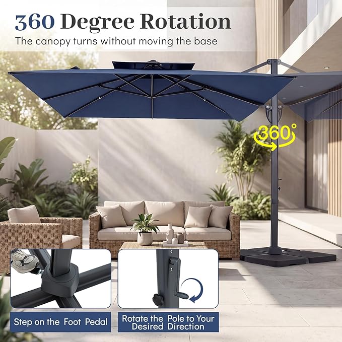 Tangkula 10 FT Patio Cantilever Umbrella, Large Square Offset Hanging Umbrella w/ 360° Rotation, 8 Sturdy Ribs, Air Vent & Cross Base, Heavy-Duty Outdoor Sun Shade for Backyard Pool Garden Deck, Navy Blue