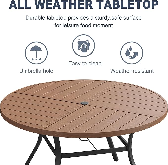 VICLLAX 50" Round Patio Dining Table for 6, All Weather Metal Outdoor Table with 1.57" Umbrella Hole and Surdy Frame for Garden Lawn Deck, Walnut