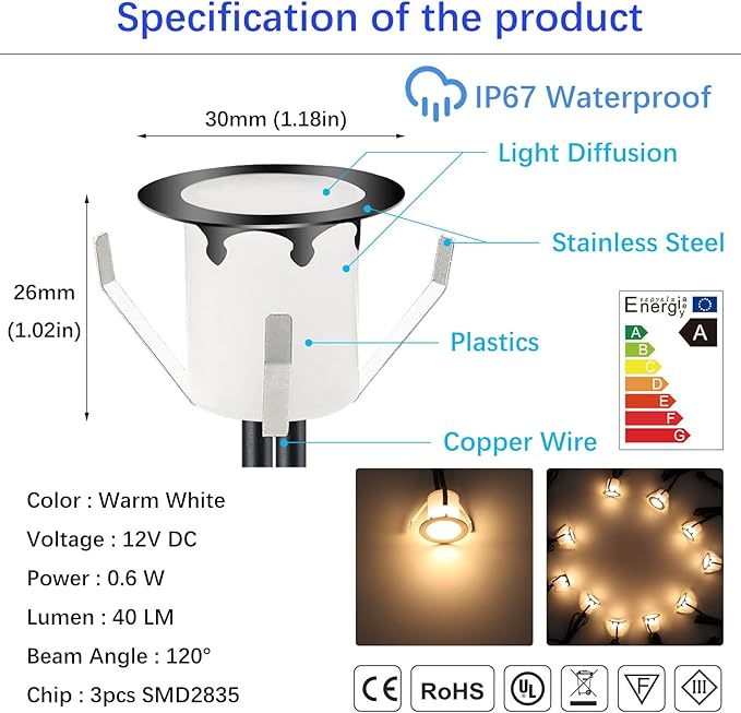 LED Outdoor Deck Lights with Photocell, Φ1.18in Warm White 10 Pack Black, Low Voltage 12V DC IP67 Waterproof, Electric Wired Recessed Stair Step Riser Landscape Lighting for Outside Floor Yard