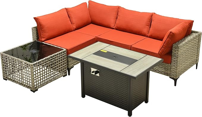 Outdoor Patio Furniture Sets,6 PCS Patio Conversation Set Outside Rattan Sectional Sofa with 42 in Fire Pit Table&Coffee Table Fit Backyard Porch Garden Poolside Balcony