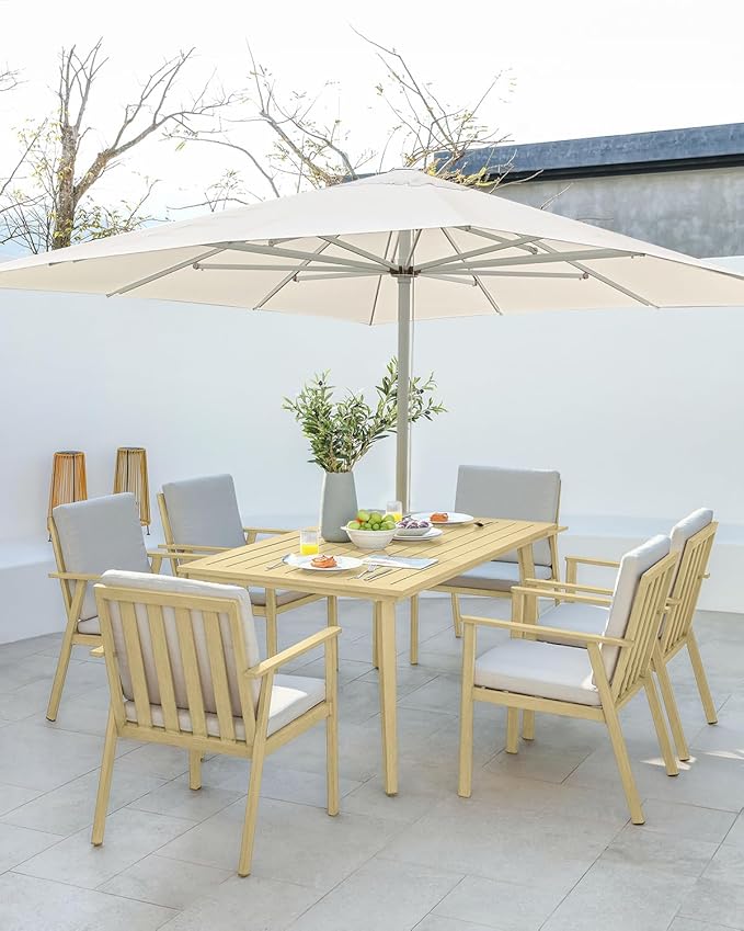 7 Pieces Outdoor Dining Set, Never-Rust Aluminum Patio Furniture Set with Umbrella Hole, All-Weather Outdoor Patio Dining Set for 6, Patio Table and Chair Set for Decks, Garden, Maple Wood
