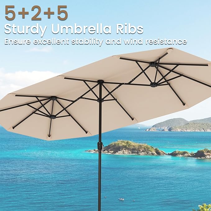 Tangkula 13 FT Large Patio Umbrella, Outdoor Double-Sided Table Market Umbrella w/Crank Handle, 12 Heavy-Duty Ribs, Sun-Protective Rectangular Twin Parasol for Garden Deck Lawn Poolside (Beige)