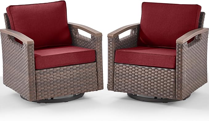 Rilyson Outdoor Patio Swivel Rocking Chairs Set of 2, All Weather Wicker, Metal Armrest, Deep Seating, Thick Comfortable Cushions, Ideal for Deck Porch Backyard, Brown/Red