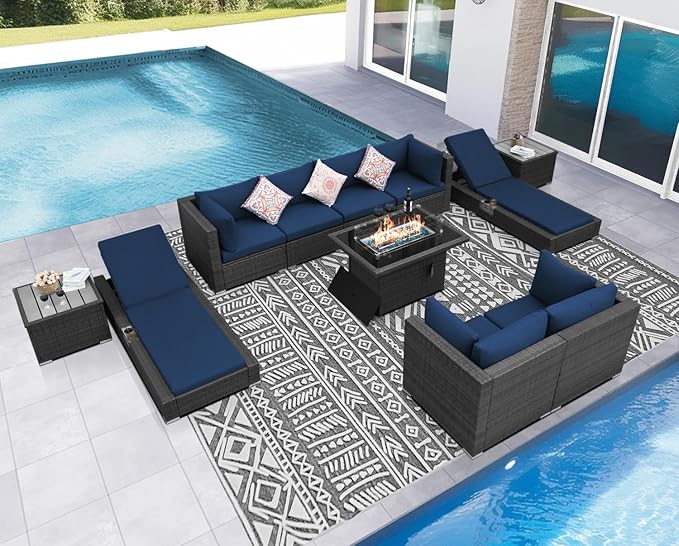 NICESOUL 11 Piece Sectional Patio Set with Loungers, Backyard Seating with Firepit, Comfy 29.3'' High-Back Deep Outdoor Couch Sofa, Heavy Duty All-Weather Wicker Furniture for Exterior, Grey & Blue