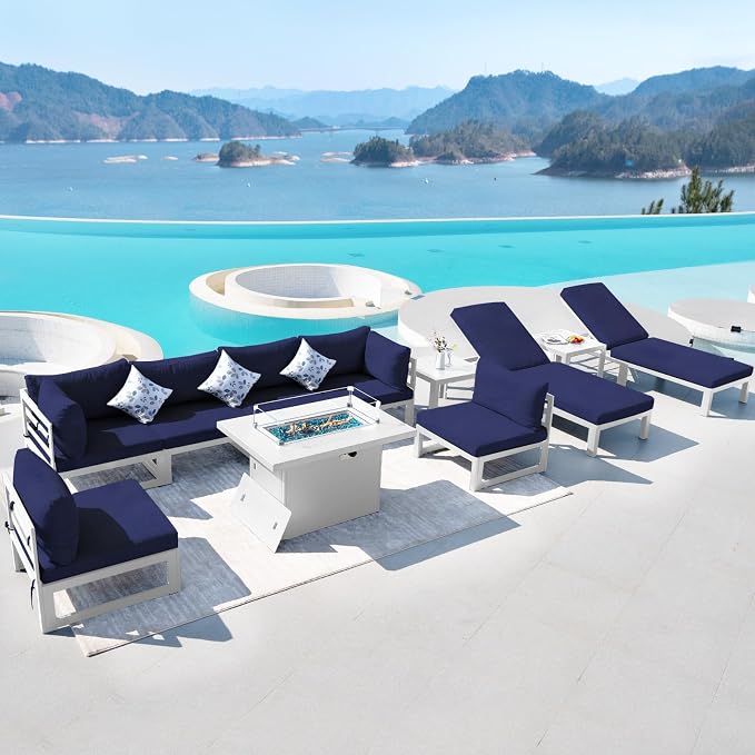 RADIATA 11 Pcs Oversized Contemporary Aluminum Patio Furniture Set, All Weather Modular Sectional Sofa with Tanning Chair & Fireplace, 500 lbs Heavy Duty Comfy Outdoor Couch for Beach Deck, Navy Blue
