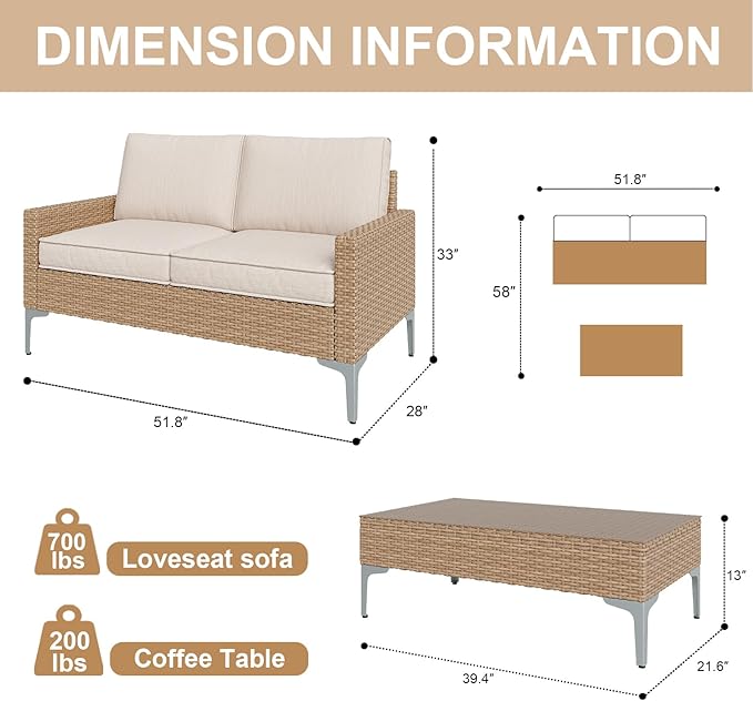 2 Pieces Patio Furniture Set,All Weather Rattan Loveseat with Tempered Glass Table for Porch,Deck,Backyard,Beige
