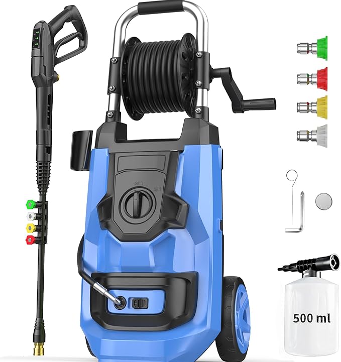 Electric Pressure Washer 5000 PSI Adjustable Pressure, Power Washer Electric Powered with 33ft Pressure Hose, 4 Nozzles and 500ml Foam Cannon, Powerwashers for Home, Blue