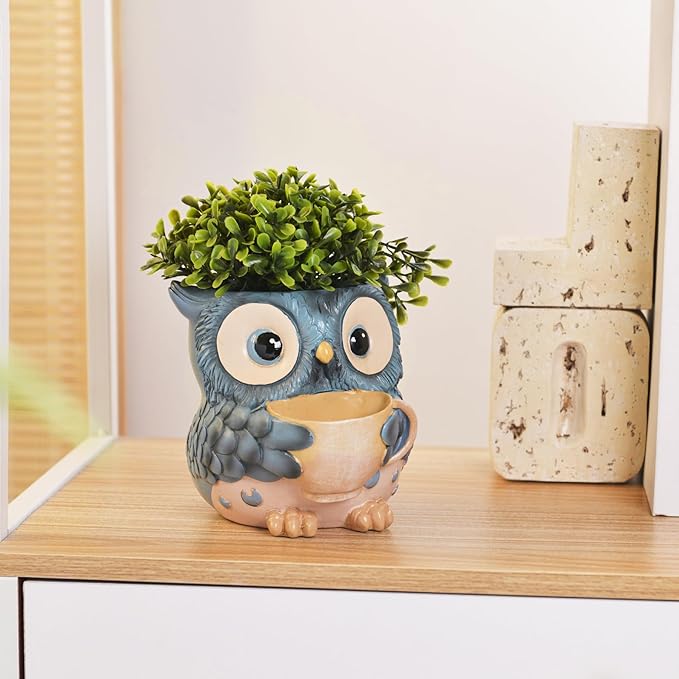 Saysmile Unique Owl Plant Pots Indoor, Cute Small Succulent Pots with Drainage Hole, Watering Owl Planters for Indoor Outdoor Plants, Resin Flower Pot for String of Pearls, Gift Ideas for Mother