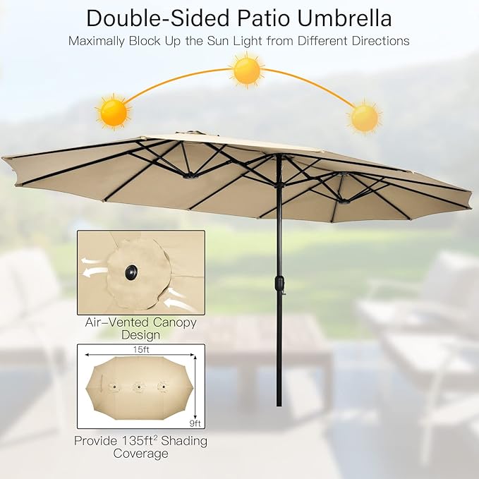 Tangkula 15FT Double-Sided Patio Umbrella with Base, Extra-Large Market Umbrella W/Crank System, Outdoor Twin Umbrella W/ 12-Rib Metal Structure & Air Vents for Garden, Backyard, Poolside (Beige)