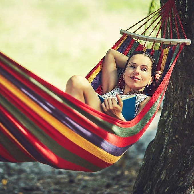Anyoo Garden Cotton Hammock Comfortable Fabric Hammock with Spreader Bar Sturdy Hammocks Up to 450lbs Portable Lightweight Hammocks with Travel Bag for Camping Outdoor/Indoor Patio Backyard
