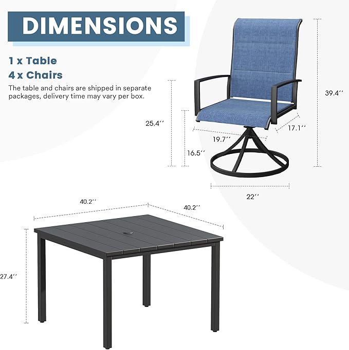 DIFY 5 Piece Outdoor Patio Dining Set for 4, 40.2" Black Square Metal Dining Table and Swivel Patio Chairs with Blue Padded Textilene, All-Weather Outdoor Furniture Set for Garden Backyard Porch
