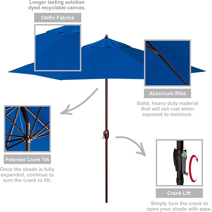 California Umbrella 9' Round Aluminum Outdoor Deck, Pool or Patio Umbrella, Crank Lift, Auto Tilt, Bronze Pole, Royal Blue