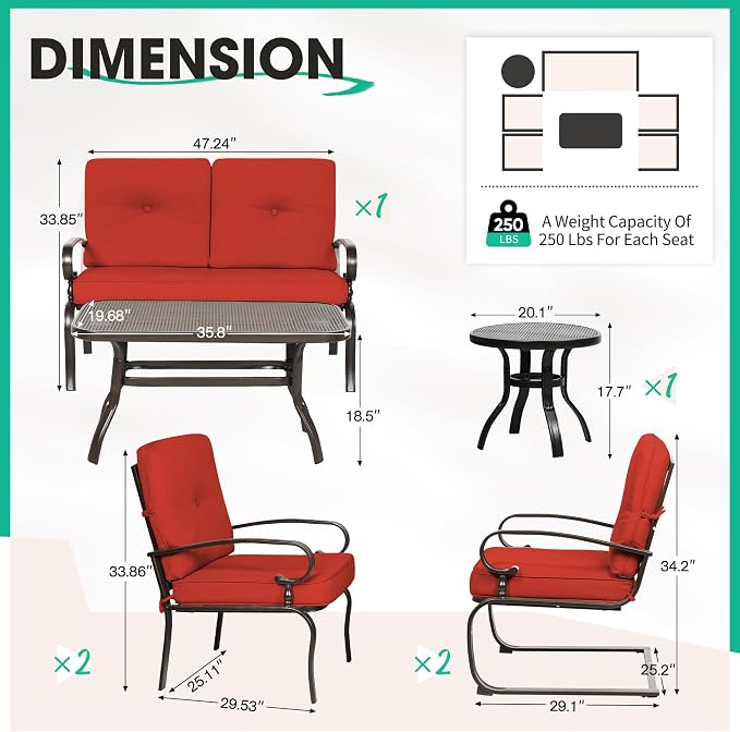 Incbruce 7 Pcs(6 Seats) Wrought Iron Patio Conversation Sets (1 Loveseat, 2 Table, 2 Spring Chair, 2 Dining Chairs), Outdoor Metal Furniture Sets with Red Cushion