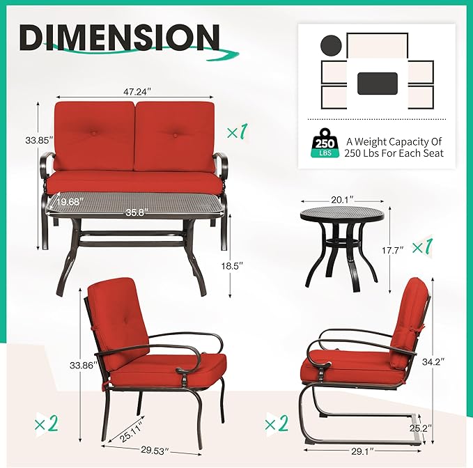 Incbruce 7 Piece Wrought Iron Patio Furniture Set Metal Outdoor Conversation Sets (Loveseat, Coffee Table and Bistro Table, 2 Spring Chair, 2 Dining Chairs) with Cushion (Red)