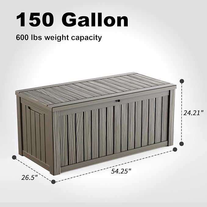 150 Gallon Outdoor Storage Box Waterproof, Large Deck Box Durable Resin Storage Bin with Lid for Patio Furniture Cushions Garden Tools (Gray, 150 Gallon)