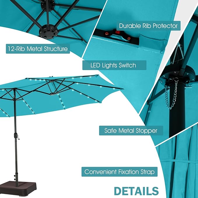 Giantex 15 FT Double Patio Umbrellas with 48 Solar LED Lights, Auto-Charging Panel, Crank System, Outdoor Extra-Large Rectangle Market Table Umbrella for Garden Deck Backyard Beach Pool