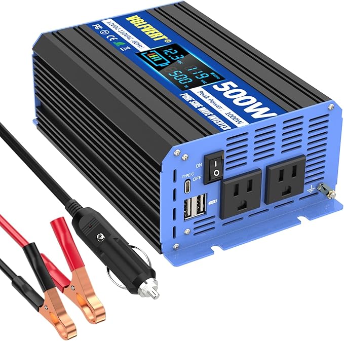 500 Watt Pure Sine Wave Inverter, 12V DC to 110V 120V AC Converter with Two AC Outlets, Two USB Charging Ports, One Type-C Charging Ports, Clear LCD Display, Car Charger Plug Power Inverter 500W…