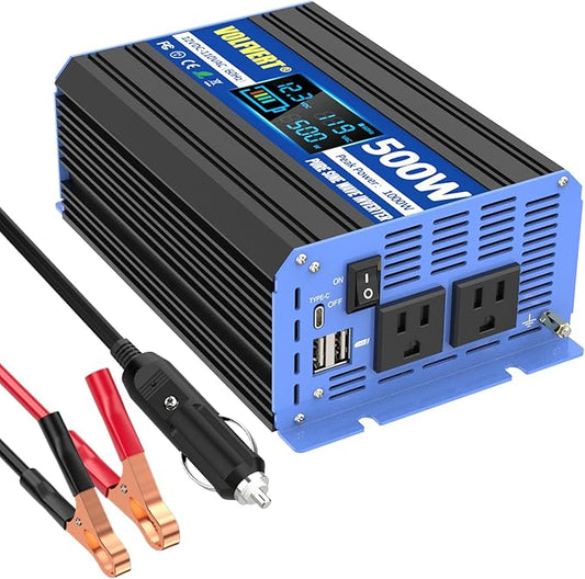 500 Watt Pure Sine Wave Inverter, 12V DC to 110V 120V AC Converter with Two AC Outlets, Two USB Charging Ports, One Type-C Charging Ports, Clear LCD Display, Car Charger Plug Power Inverter 500W…