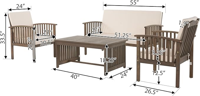 Merax Patio Furniture Set 4 Pieces Outdoor Acacia Wood Conversation Sets with Coffee Table & Cushions, Garden Conversation Bistro Sets for Pool or Backyard, Outdoor Furniture,Gray Cream