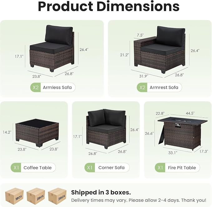 7-Piece Outdoor Sectional Black Wicker Rattan Conversation Set Patio Furniture Set with 44" Fire Pit Table for Garden Porch Backyard