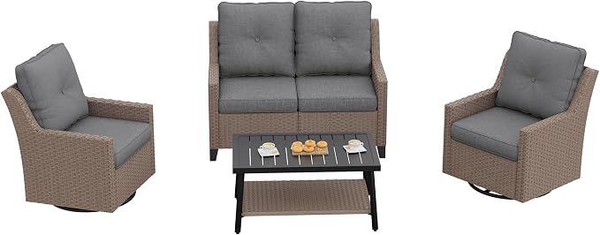 NestNook 4 Piece Patio Furniture Set, Outdoor Swivel Glider Chairs Set of 2 with Loveseat and Coffee Table Wicker Patio Conversation Set for Backyard Balcony & Poolside（Dark Grey）