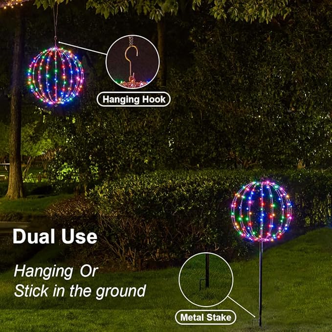 Christmas Ball Sphere, 12IN 96LED Hanging Tree and Pathway Lights With Hook and Stake, Foldable Metal Frame Ball for Outdoor Garden, UL Listed, Brown Frame, RGB