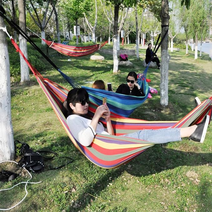 Double Thickened Canvas Swing Hammock with Two Binding Ropes and Carry Bag Lightweight Outdoor Camping Sleeping Bed for Two Red Fashion Canvas Hammock for Travel and Backyard